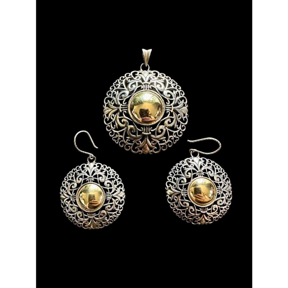 Sterling Silver & 14k Gold Ornate Filigree Drop Dangle Earrings & Pendant - Picture 1 of 9
